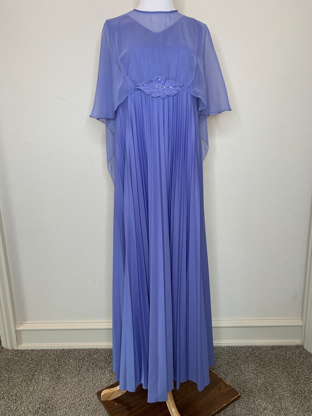 Vintage 70s Union Made Formal Dress Cape Periwinkle Blue Sz 16 XL